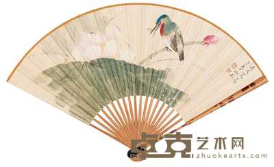 徐子鹤 单孝天 红荷翠羽 书法 成扇 50×18cm